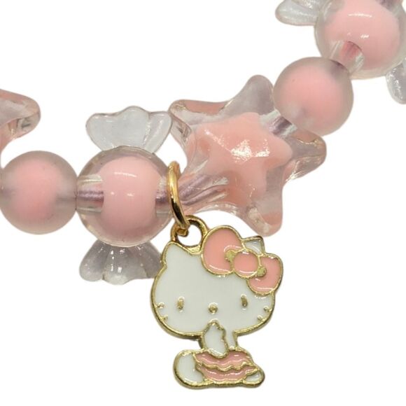 Hello Kitty Pink Resin Beaded Charm Bracelet Pendant Cat Stretchy Band Jewelry - Picture 2 of 4